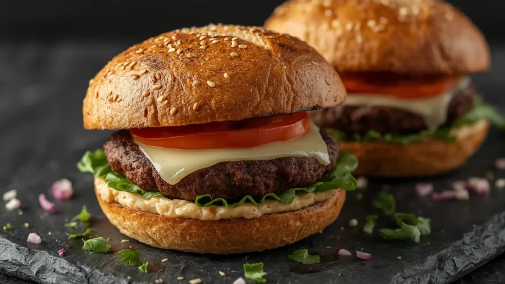 Black Bean Burgers: Crispy golden black bean burgers on a toasted bun with fresh lettuce and tomato, ready to eat.