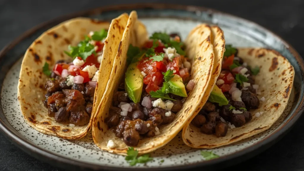 Black Bean Tacos: Easy vegetarian skillet black bean tacos with cheese and lettuce on a wooden table