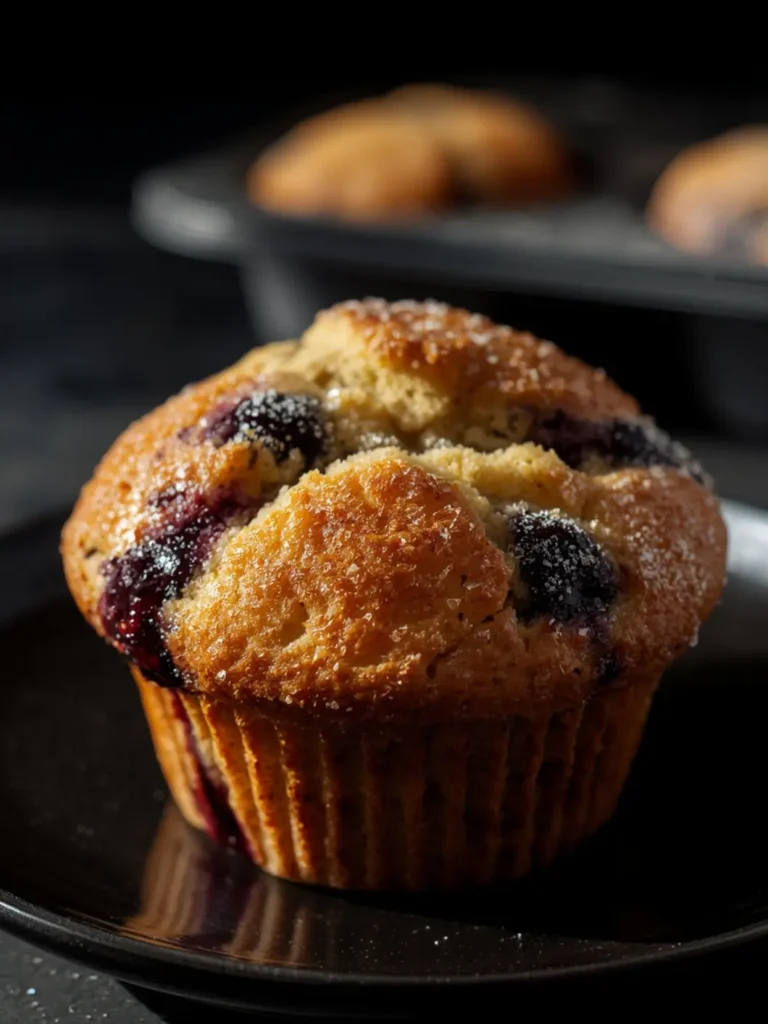 Golden brown blueberry muffins with fresh berries on rustic wooden board in natural morning light