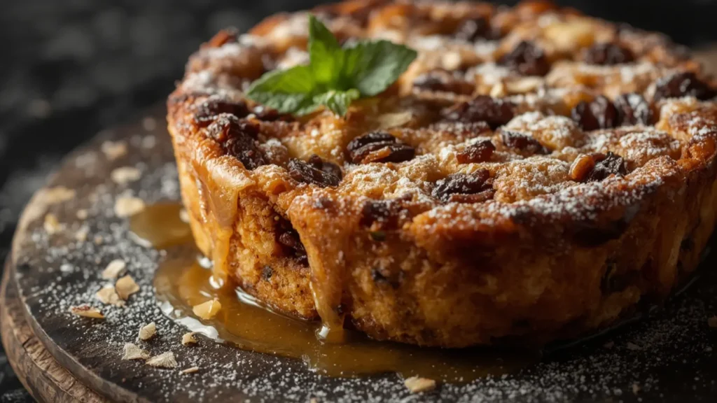 Bread Pudding: A golden, healthy loaf of bread pudding topped with fresh berries in a baking dish.