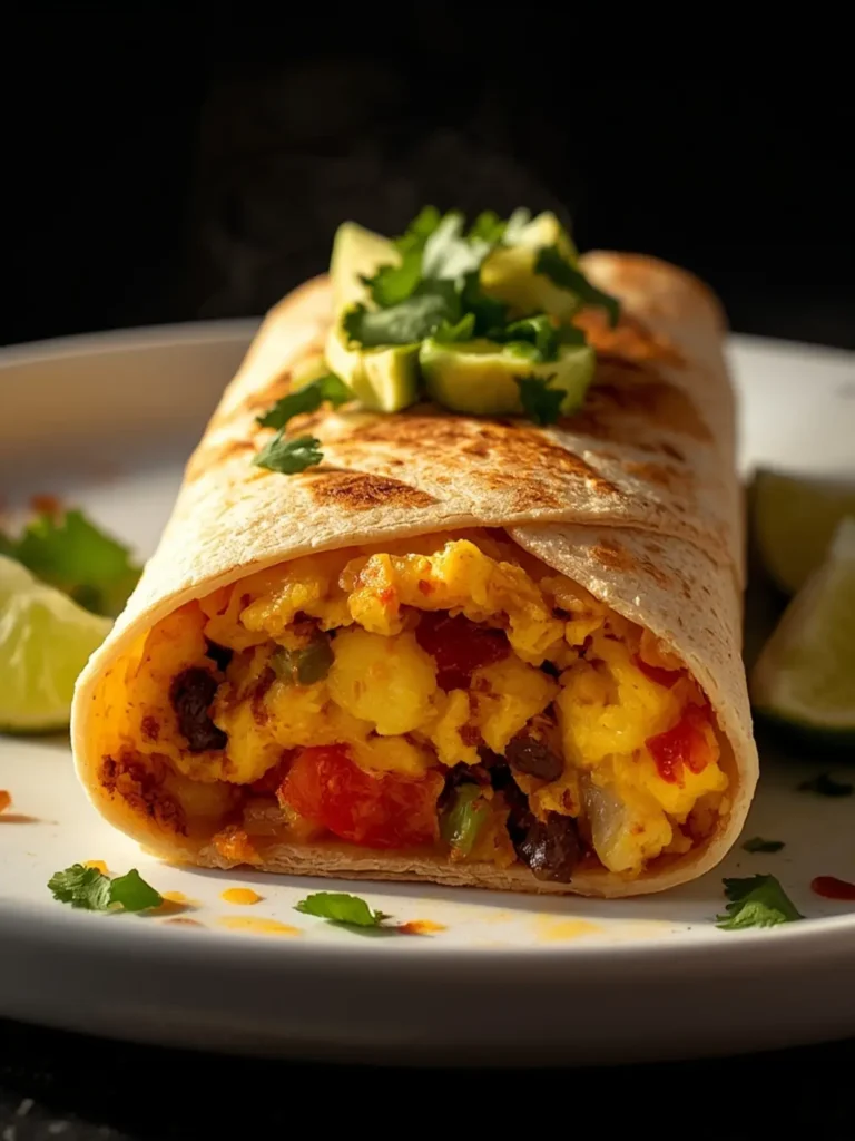 Golden-brown breakfast burrito cut open showing fluffy eggs and melted cheese on a dark wooden board with morning light
