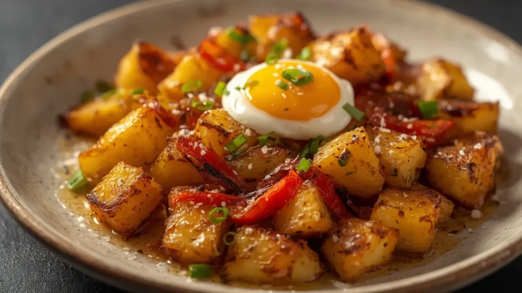 Breakfast Potatoes: Crispy golden Breakfast Potatoes with peppers and onions in a skillet.