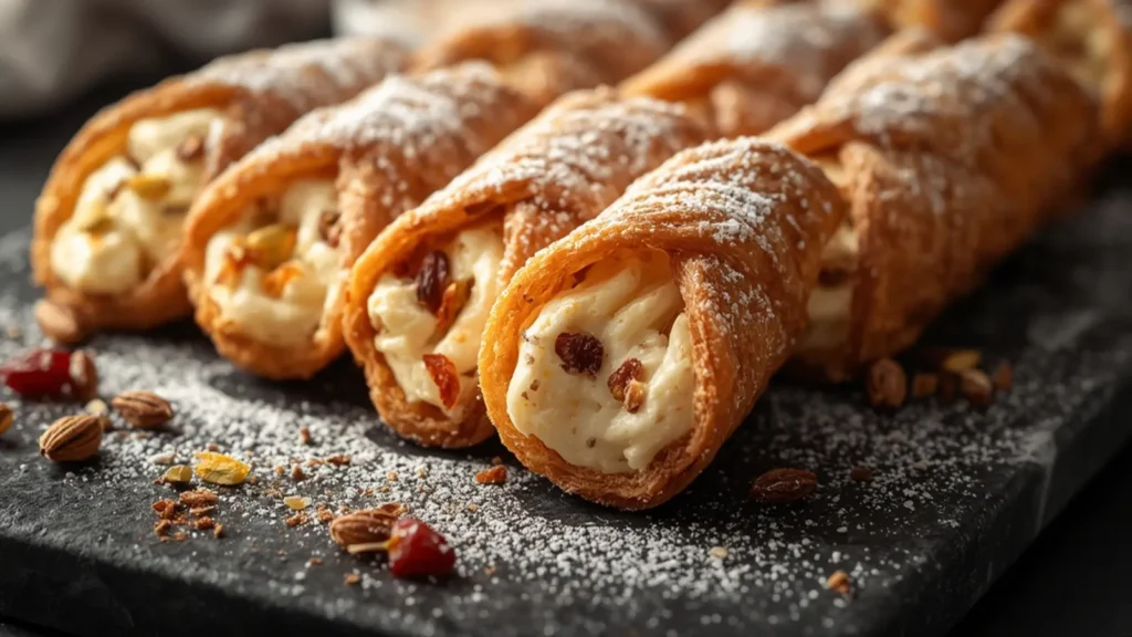 Cannoli: Golden crispy Cannoli filled with creamy ricotta and dusted with sugar.