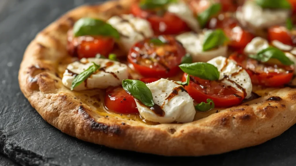 Caprese Flatbread: Crispy homemade Caprese Flatbread topped with fresh mozzarella, tomatoes, and basil.