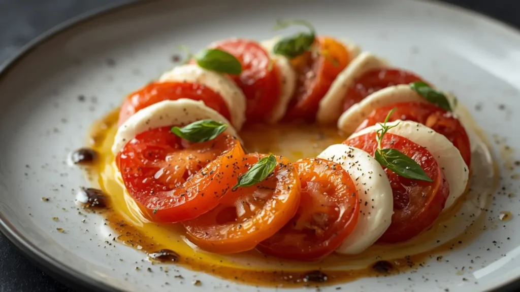Caprese Salad: Fresh Caprese Salad with tomatoes, mozzarella, and basil on a wooden board