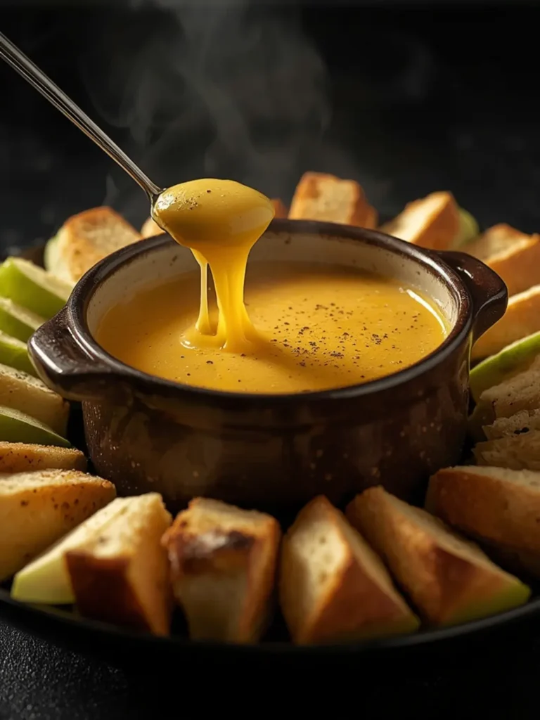 Golden, bubbling cheese fondue in a pot, surrounded by fresh bread, apples, and broccoli for dipping. Perfect for Appetizers & Party Food.