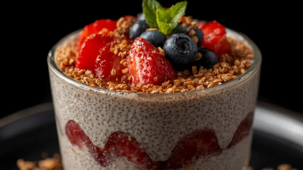 Chia Pudding: Creamy overnight chia pudding topped with fresh blueberries and strawberries in a glass bowl.