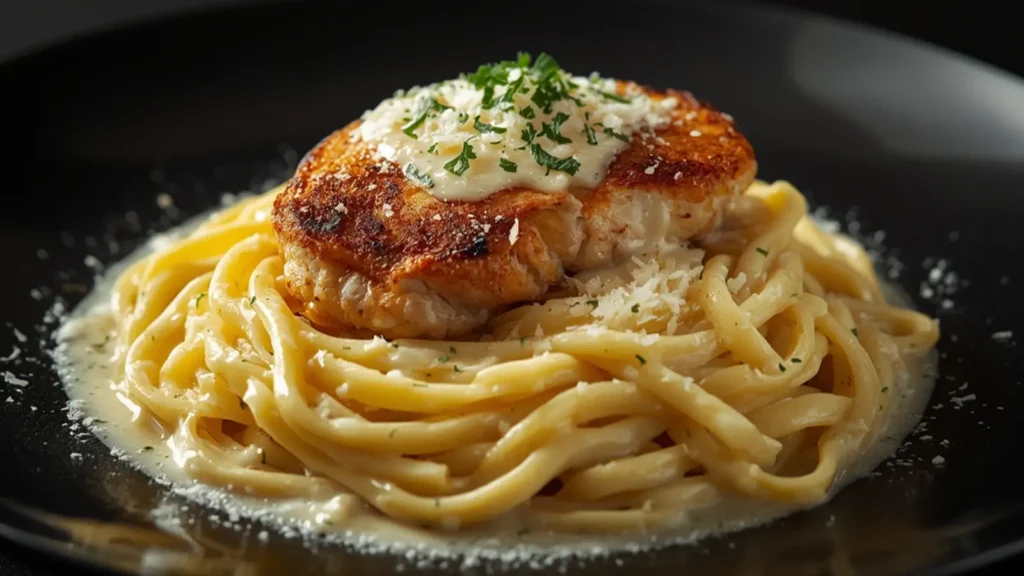 Chicken Alfredo: Creamy Chicken Alfredo pasta in a bowl with grilled chicken and parmesan.