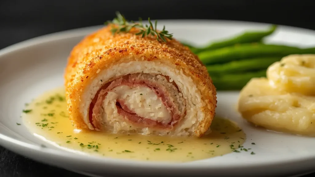 Chicken Cordon Bleu: Crispy golden Chicken Cordon Bleu sliced on a cutting board showing melted cheese and ham filling.