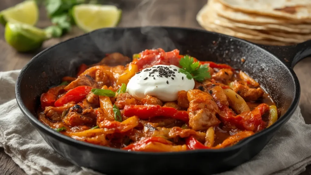 Chicken Fajitas: Sizzling tender chicken fajitas with peppers and onions in a skillet