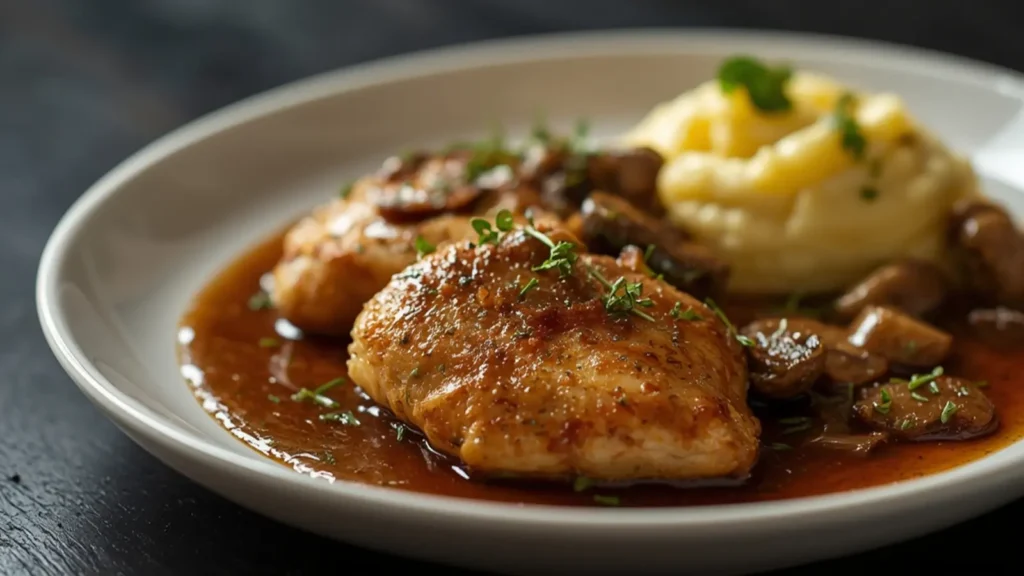 Weeknight Luxury Creamy Chicken Marsala (Family Favorite) 1 Chicken Marsala: Creamy Chicken Marsala with mushrooms on a dinner plate, garnished with fresh parsley.