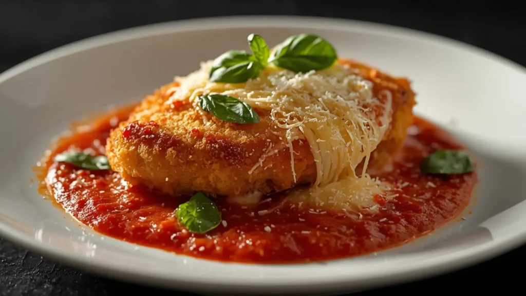Chicken Parmesan: Golden crispy Chicken Parmesan with melted mozzarella and marinara sauce served hot.