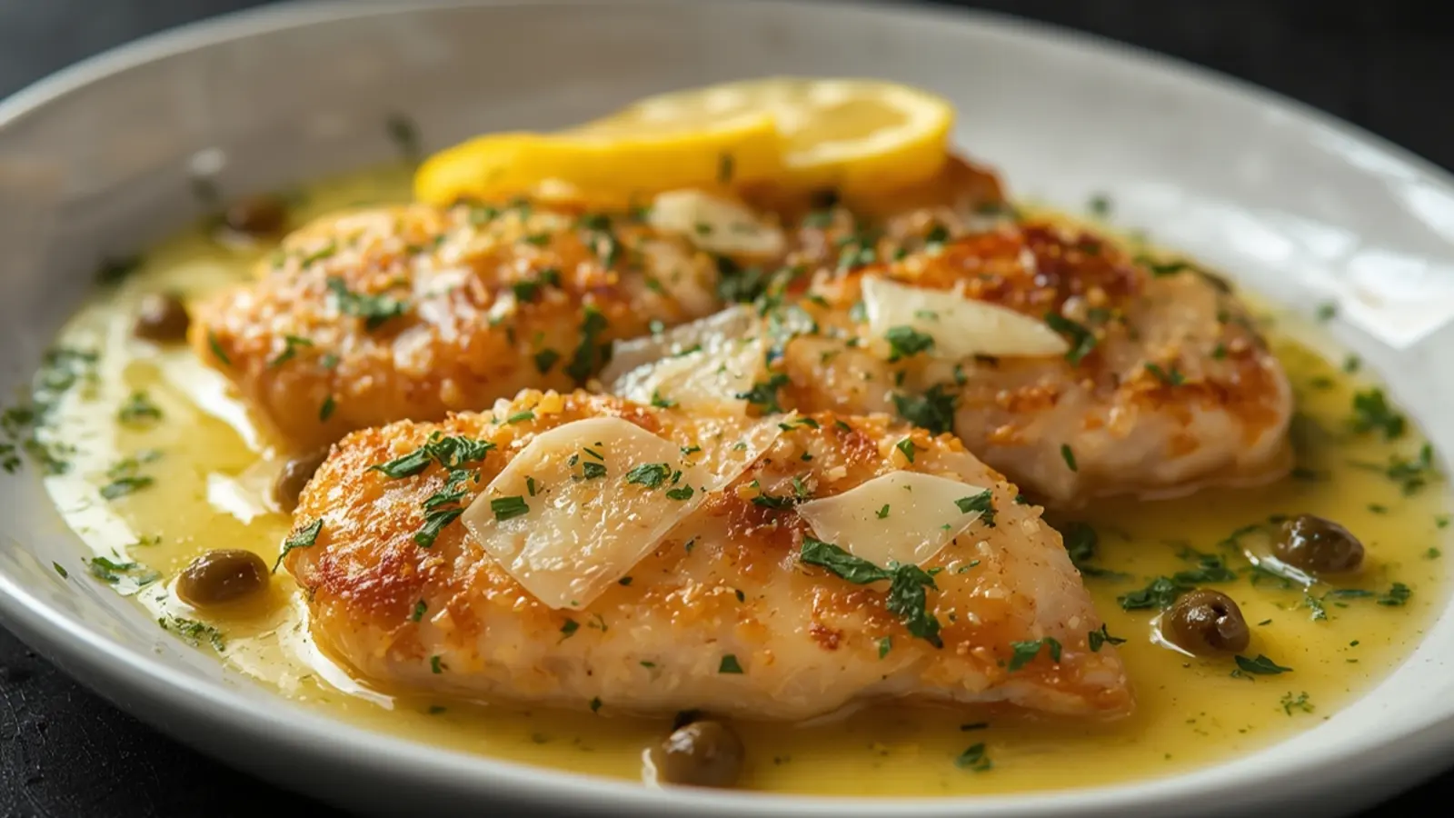 Chicken Piccata: Golden chicken piccata in lemon butter caper sauce on a dinner plate.