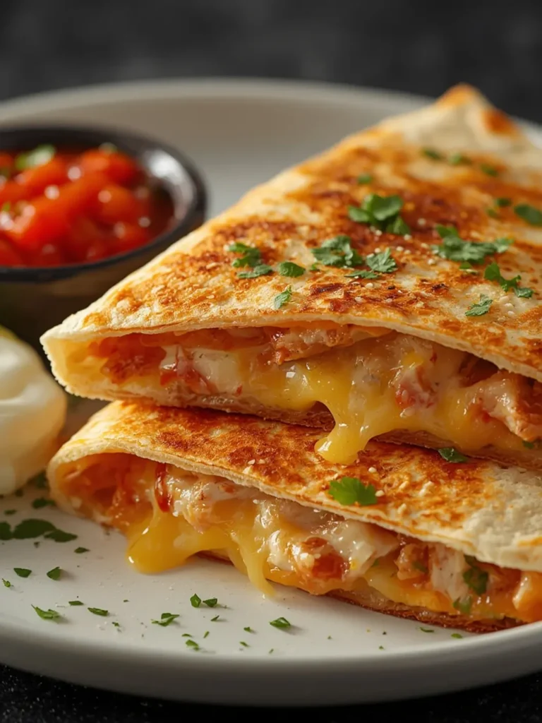 Golden-brown chicken quesadilla wedges with melted cheese and crispy edges on wooden board, steam rising, surrounded by salsa and sour cream