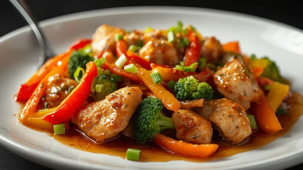 Chicken Stir Fry: Sizzling one-pan chicken stir fry with colorful vegetables and savory sauce in a skillet.