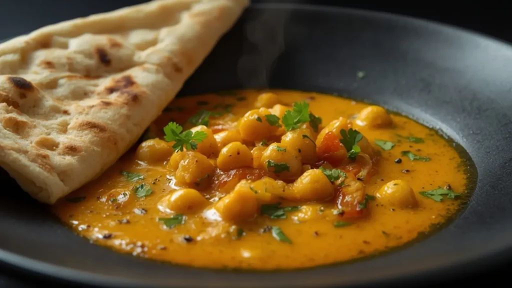 Chickpea Curry: Creamy golden Instant Pot Chickpea Curry in a bowl with cilantro and lime.