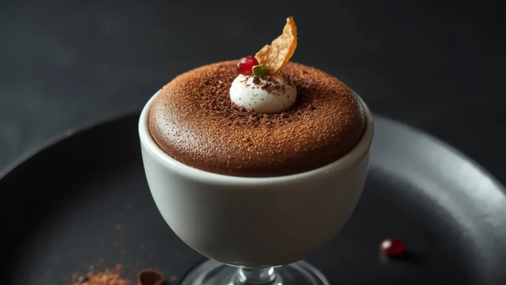 Chocolate Mousse: Velvety Chocolate Mousse in a glass with raspberry garnish.