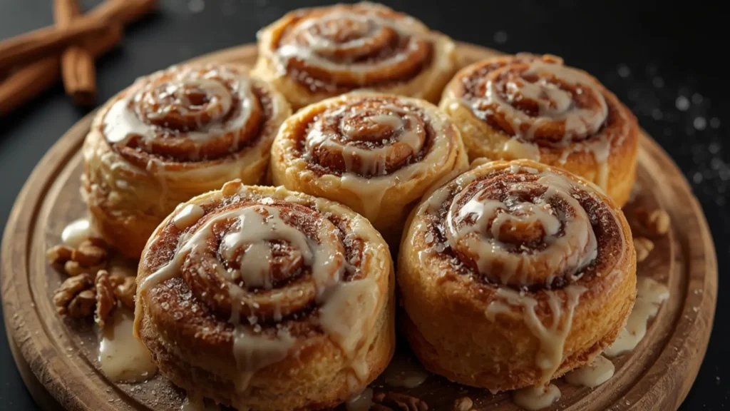 Cinnamon Rolls: Fluffy homemade cinnamon rolls with caramelized sugar swirls on a rustic plate.