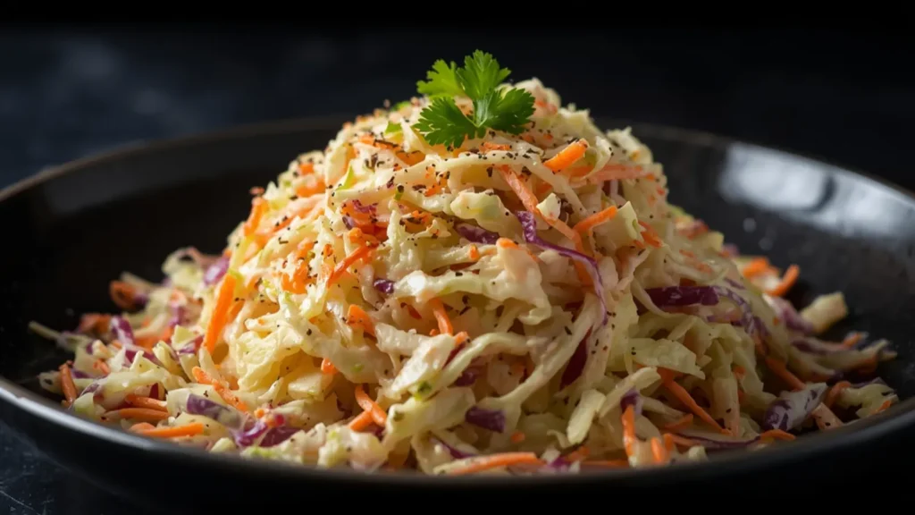 Coleslaw: Crisp creamy Coleslaw in a white bowl with fresh carrots and herbs.