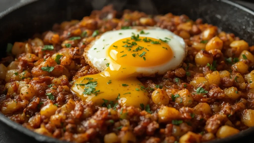 Corned Beef Hash: Cast iron skillet of crispy Corned Beef Hash topped with runny yolk eggs for a hearty breakfast.