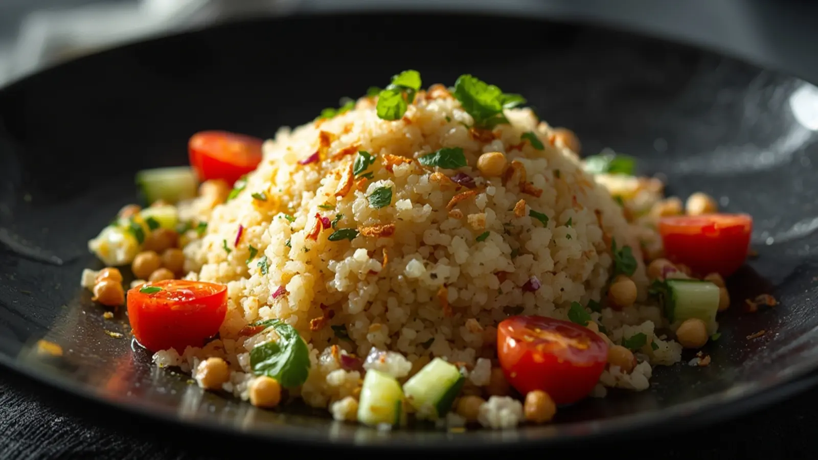 Couscous Salad: Vibrant bowl of fluffy couscous salad with feta, tomatoes, and cucumber