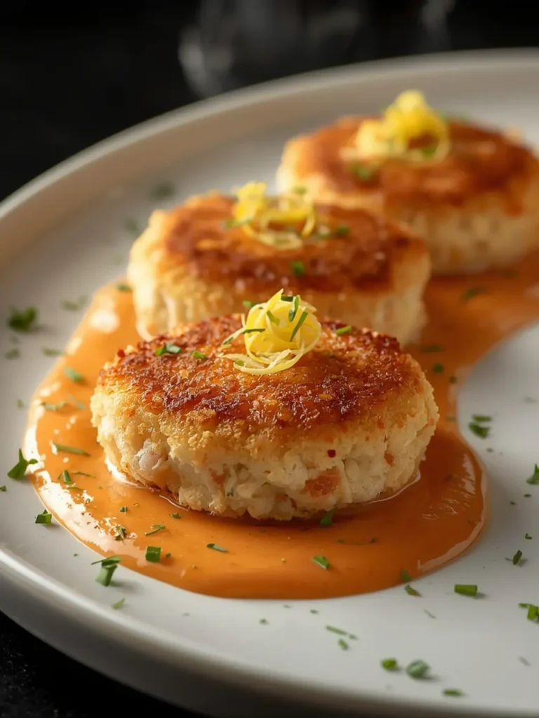 Golden-brown crispy Old Bay crab cakes with fresh lemon wedges on a dark slate board, steam rising, golden edges glistening.