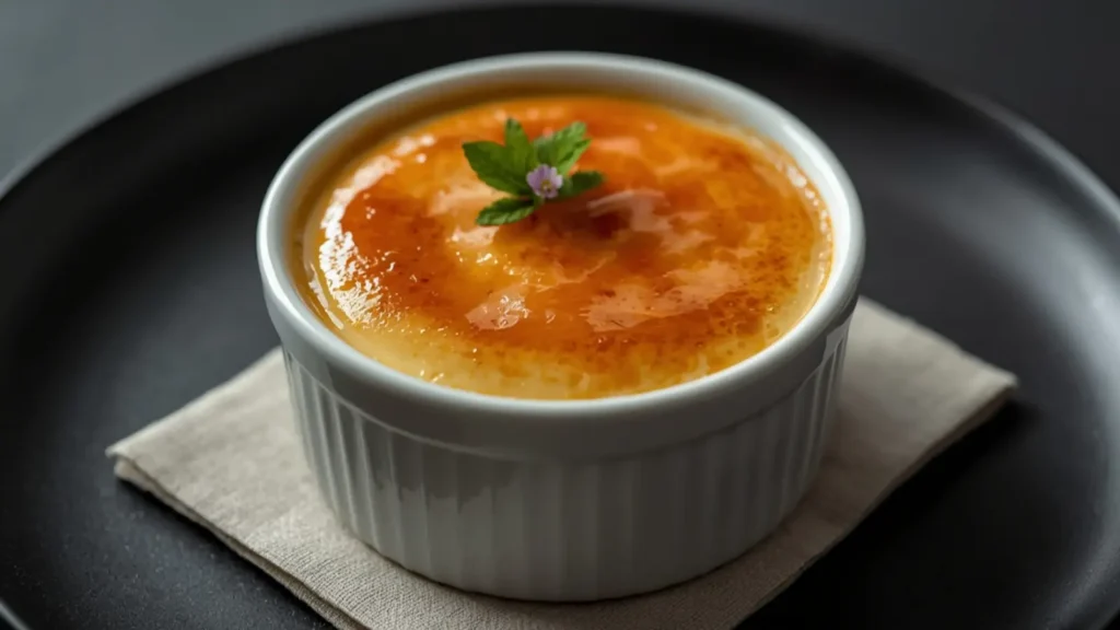 Creme Brulee: Crackling golden top on creamy Creme Brulee in ramekins.