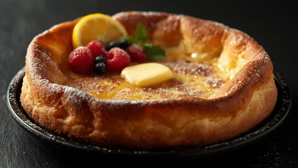 Dutch Baby Pancake: Golden crispy Dutch Baby Pancake in skillet with berries and syrup for breakfast