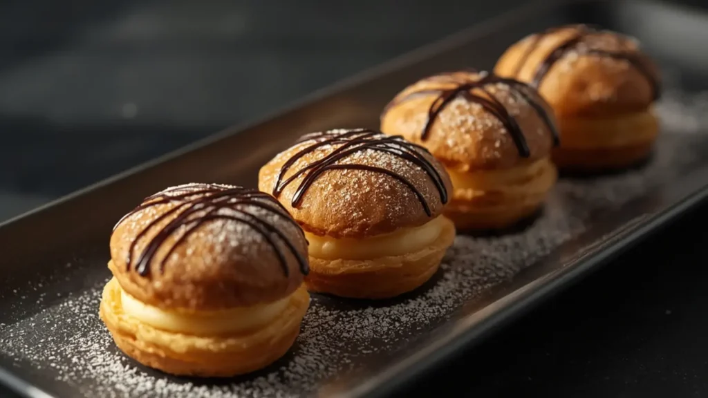 Eclairs: Golden homemade eclairs with creamy filling and chocolate drizzle on a rustic background.