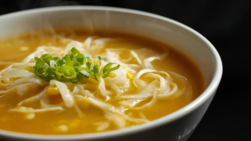 Egg Drop Soup: Golden Egg Drop Soup with green onions in a white ceramic bowl.