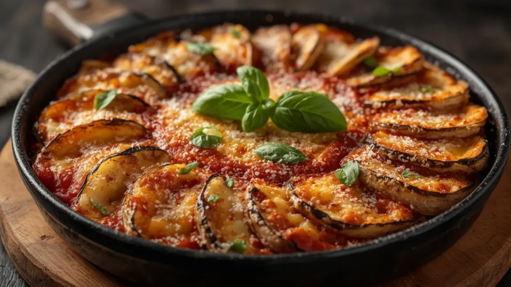 Eggplant Parmesan: Golden crispy baked Eggplant Parmesan with melted mozzarella and marinara sauce on a white plate.
