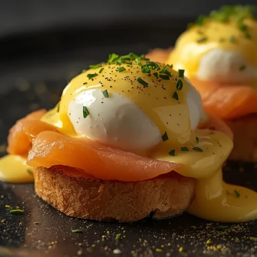 Restaurant-quality classic Eggs Benedict with poached egg, Canadian bacon, and creamy hollandaise sauce on a toasted English muffin, ready for Breakfast & Brunch.
