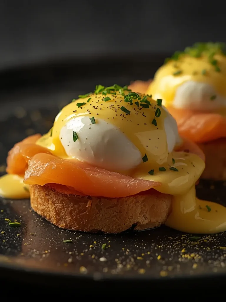 Restaurant-quality classic Eggs Benedict with poached egg, Canadian bacon, and creamy hollandaise sauce on a toasted English muffin, ready for Breakfast & Brunch.