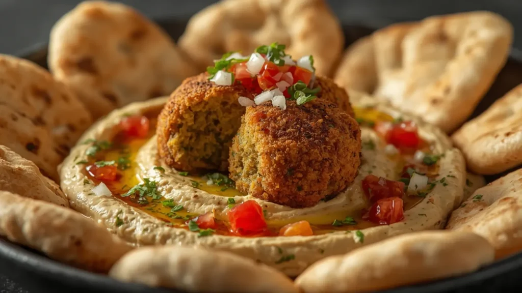 Falafel: Crispy golden baked falafel patties with tahini sauce and pita bread on a rustic wooden board.