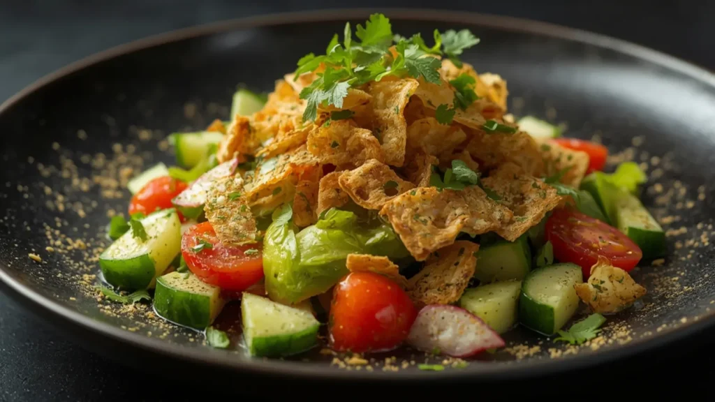 Fattoush: Crispy Fattoush salad with pita chips and fresh herbs in a white bowl.