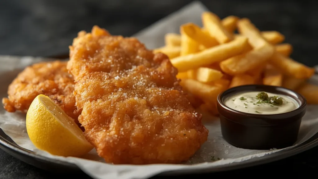 Fish and Chips: Crispy golden battered fish and chips on a wooden platter ready to eat.