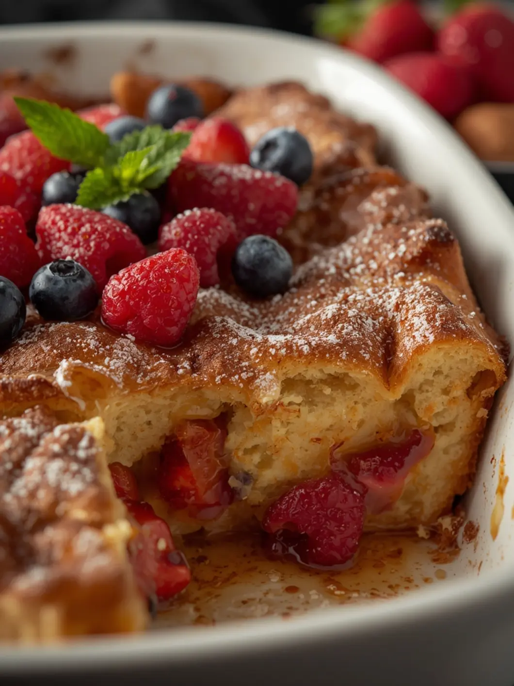 Golden brown baked French Toast Casserole in a ceramic dish with a crumbly cinnamon topping, ready for Breakfast & Brunch.