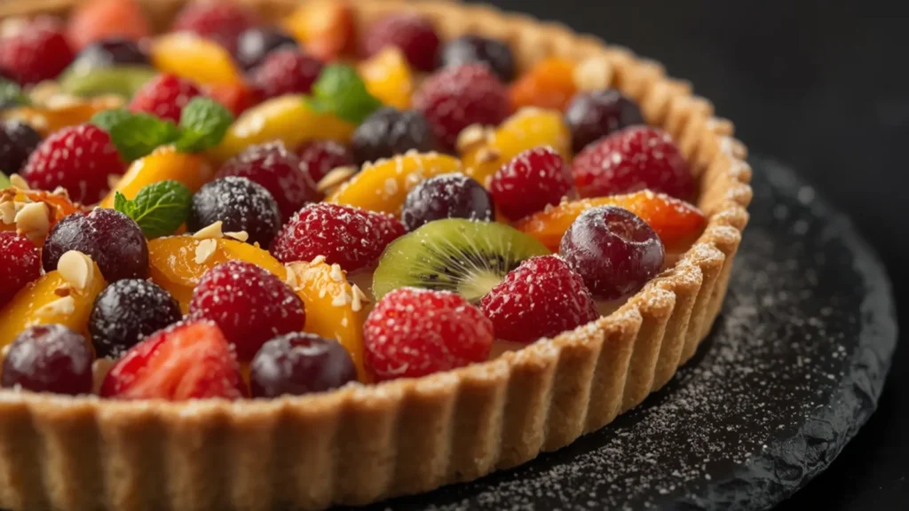 Fruit Tart: Golden shortbread Fruit Tart filled with pastry cream and fresh summer berries.
