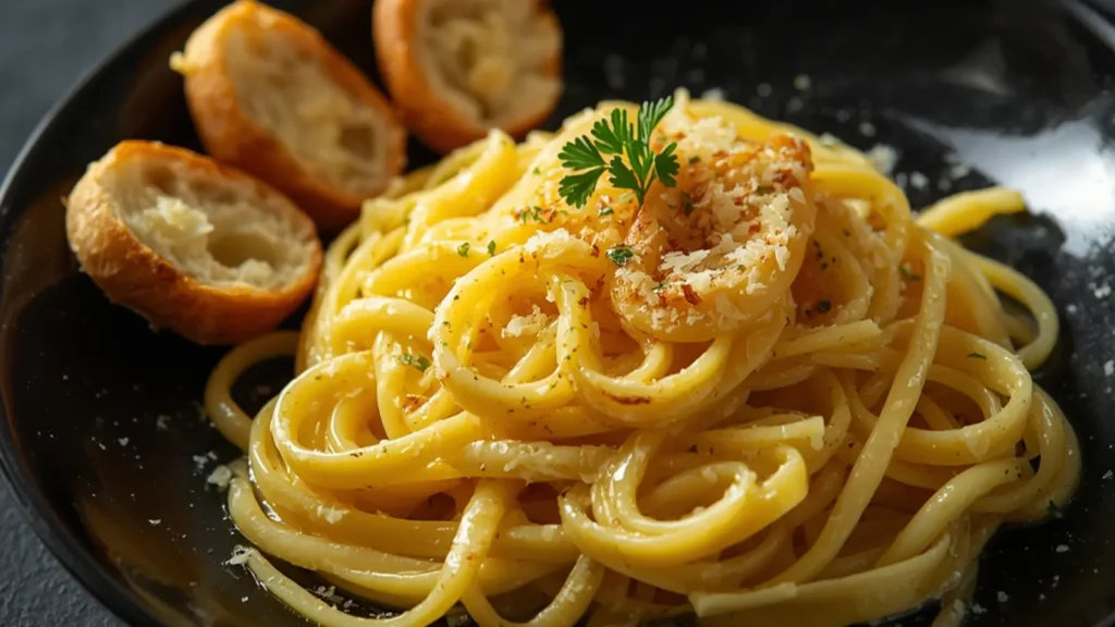 Garlic Butter Noodles: Creamy Garlic Butter Noodles in a white bowl topped with parsley and parmesan