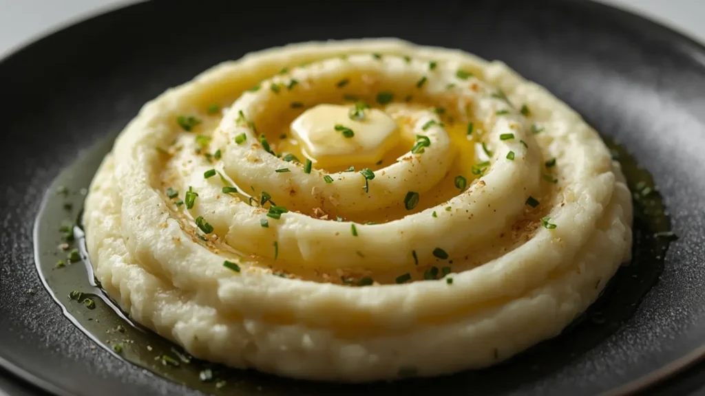 Garlic Mashed Potatoes: Creamy fluffy Garlic Mashed Potatoes in a white bowl with butter and parsley garnish.