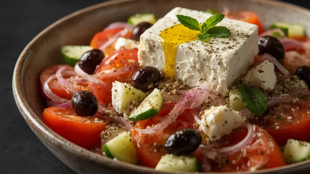 Greek Salad: Authentic Greek Salad with feta and olives on a wooden table, perfect for summer Side Dishes & Salads.