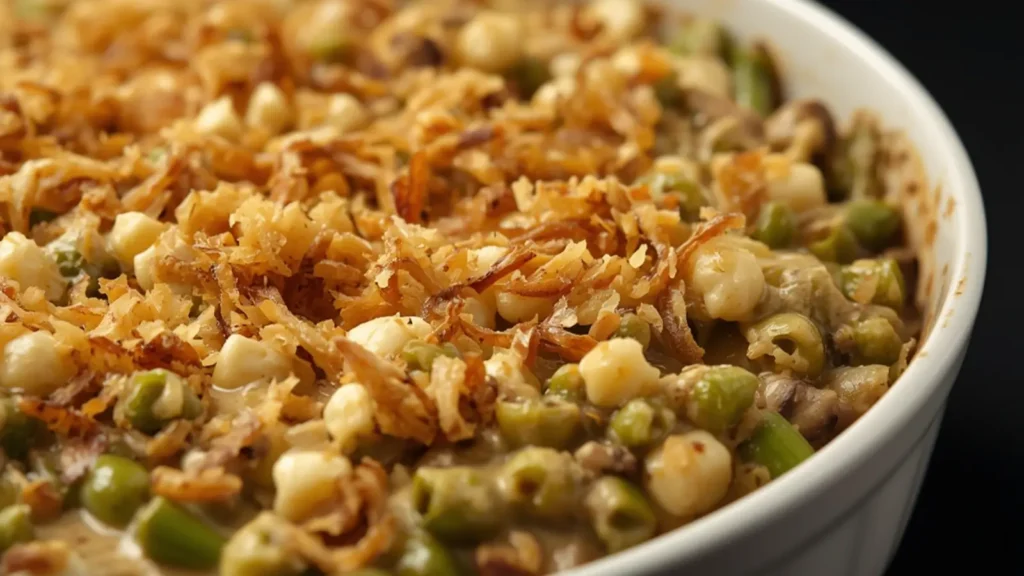 Green Bean Casserole: Creamy Green Bean Casserole in a white dish topped with crispy fried onions, a perfect side dish.