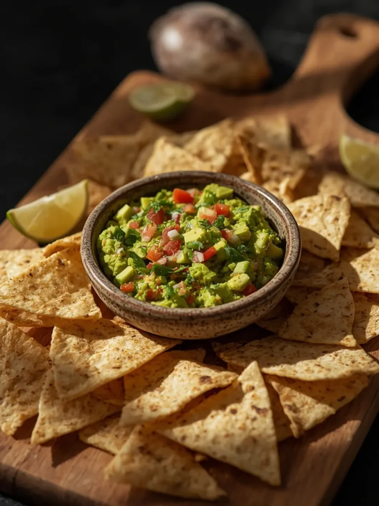 A vibrant green chunky guacamole dip in a rustic bowl surrounded by golden crispy tortilla chips, garnished with lime wedges and fresh cilantro.