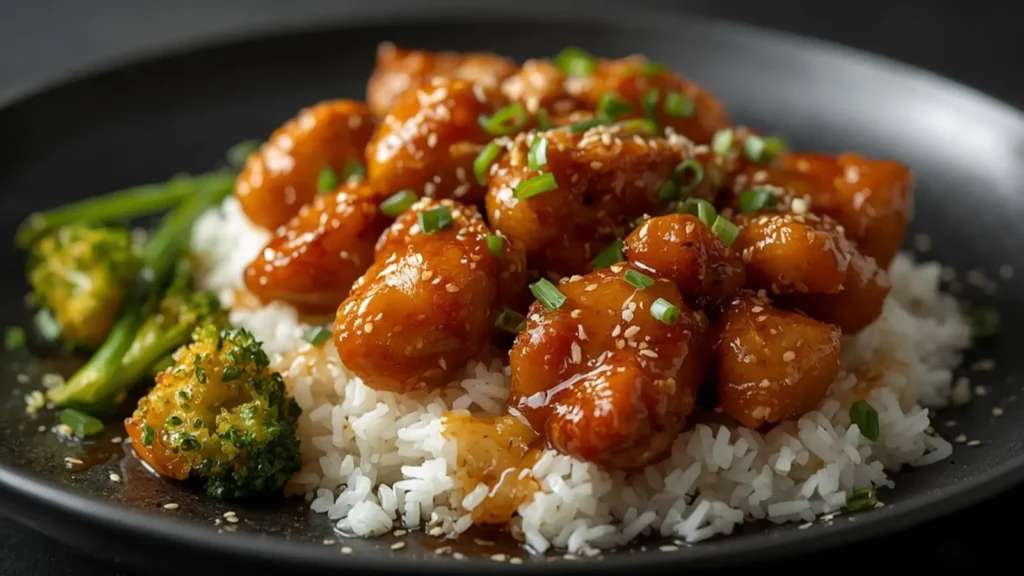 Honey Garlic Chicken: Keto Honey Garlic Chicken in a sticky golden sauce topped with green onions.