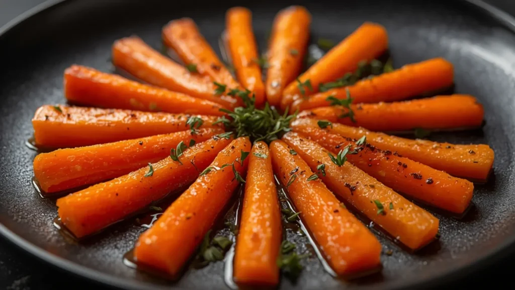 Honey Glazed Carrots: Roasted Honey Glazed Carrots with fresh thyme on a rustic plate