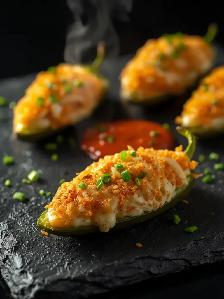 Crispy golden jalapeño poppers with melted cheese filling and crunchy panko topping on dark baking sheet, steam rising