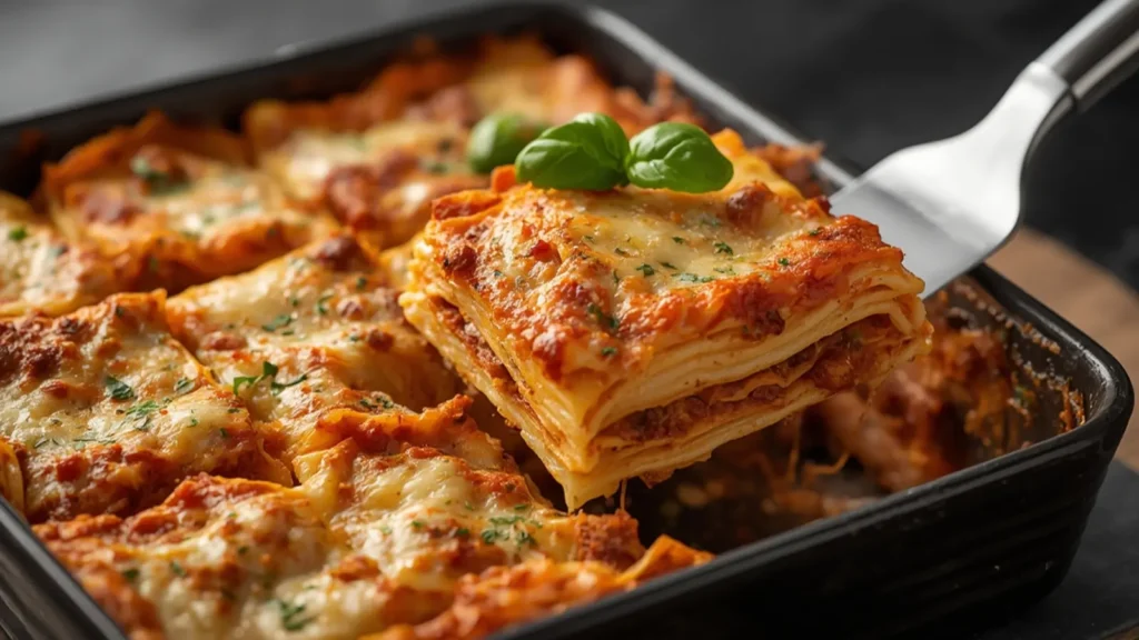 Lasagna Bolognese: Golden bubbling Lasagna Bolognese with melted cheese and rich meat sauce layers.