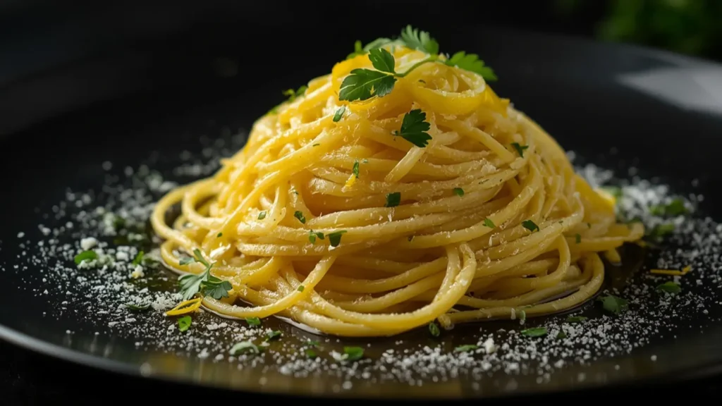 Lemon Garlic Pasta: Creamy Lemon Garlic Pasta in a white bowl with fresh parsley and lemon zest garnish.