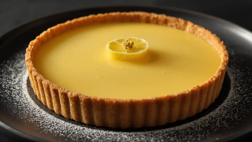 Lemon Tart: Freshly sliced no-bake lemon tart with graham cracker crust and lemon zest garnish.