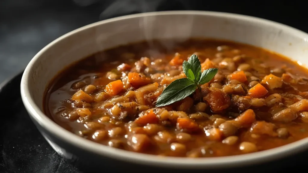 Lentil Soup: Creamy healthy lentil soup in a white bowl garnished with cilantro.